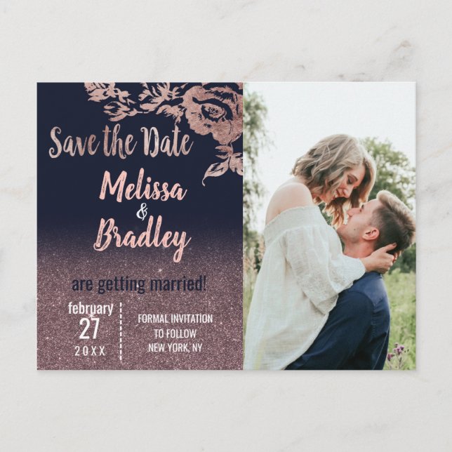 Navy Blue Rose Gold Glitter Floral Save the Date Announcement Postcard (Front)