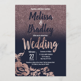 Navy Blue Rose Gold Glitter Floral Wedding Invitation
