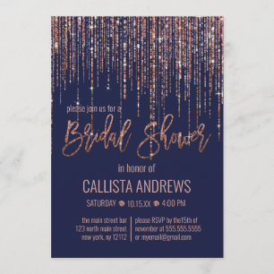 Navy Blue Rose Gold Glitter Fringe Bridal Shower Invitation