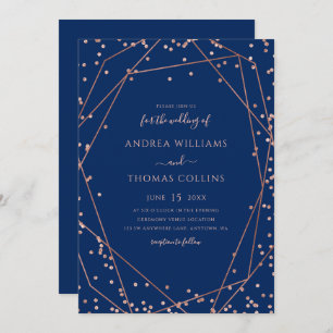 Navy Blue Rose Gold Glitter Geometric Wedding Invitation