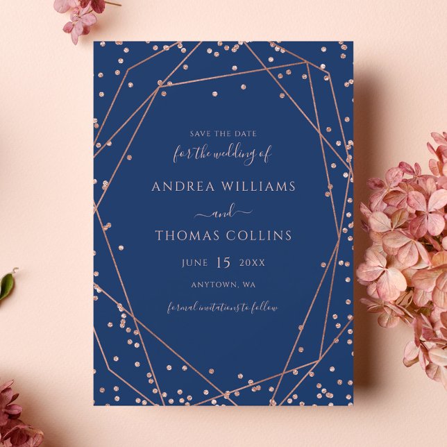 Navy Blue Rose Gold Glitter Geometric Wedding Save The Date (Creator Uploaded)
