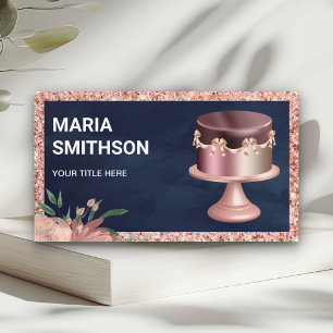 Navy Blue Rose Gold Glitter Pink Cake Bakery Business Card