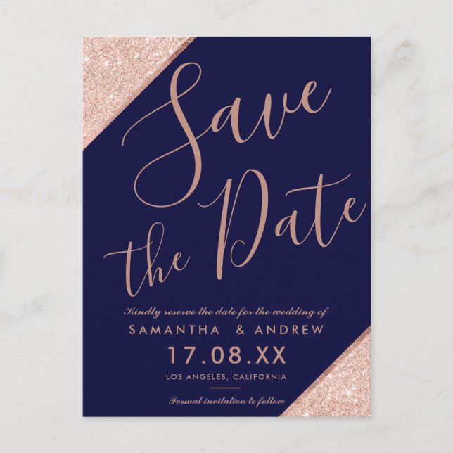 Navy blue Rose gold glitter script save the date Announcement Postcard (Front)