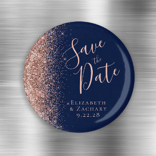 Navy Blue Rose Gold Glitter Script Save the Date Magnet