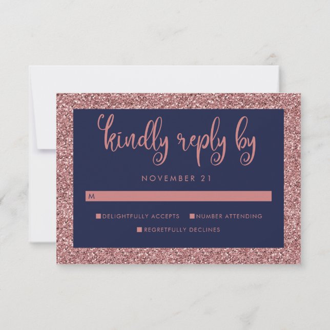 Navy Blue Rose Gold Glitter Wedding RSVP Card (Back)
