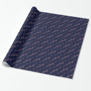 Navy Blue Rose Gold Handwritten Script Name Wrapping Paper