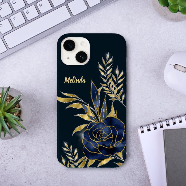 Navy Blue Rose Gold Leaves Monogram  Case-Mate iPhone Case (Creator Uploaded)