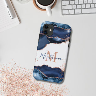  Navy Blue Rose Gold Marble Agate Personalised iPhone 11 Case