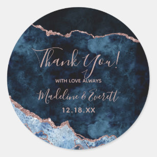 Navy Blue Rose Gold Marble Agate Wedding Thank You Classic Round Sticker