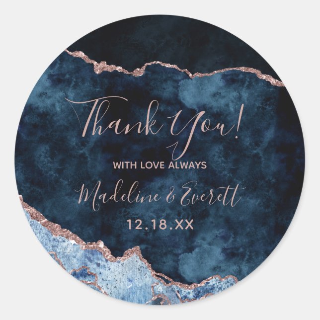 Navy Blue Rose Gold Marble Agate Wedding Thank You Classic Round Sticker (Front)