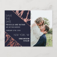 Navy Blue Rose Gold Marble Diagonal Save the Date