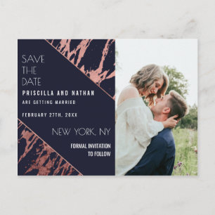 Navy Blue Rose Gold Marble Diagonal Save the Date Postcard