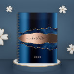 Navy Blue rose gold metal agate marble name 2024 Planner<br><div class="desc">Blue rose gold faux metal and agate,  marble stone print as background.  Personalise and add your name. The name is written with a modern hand lettered style script.</div>