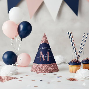 Navy Blue Rose Gold Monogram Birthday Party Hat
