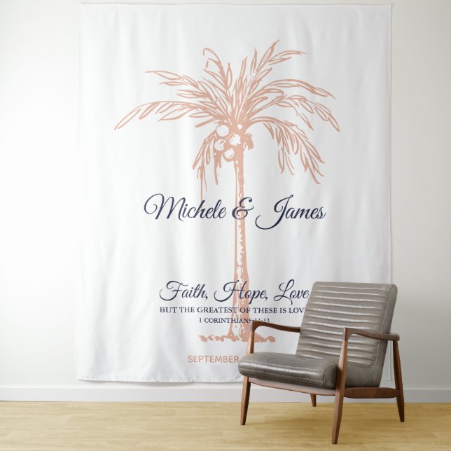 Navy Blue Rose Gold Palm Tree Wedding Backdrop Tapestry (In Situ)