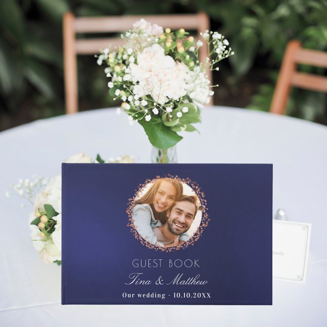 Navy blue rose gold photo wedding guest book (Creator Uploaded)
