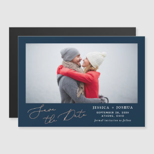 Navy Blue & Rose Gold Script Photo Save the Date Magnetic Invitation