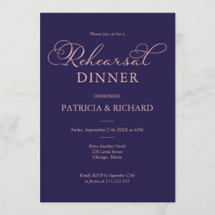 Navy Blue Rose Gold Script Rehearsal Dinner Invitation