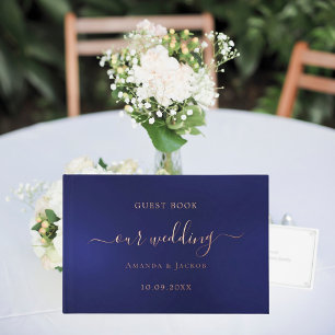 Navy blue rose gold script wedding  guest book