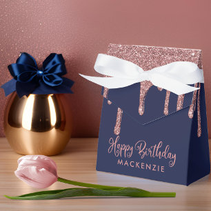 Navy Blue Rose Gold Sparkle Glitter Drips Birthday Favour Box