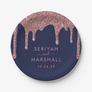 Navy Blue Rose Gold Sparkle Glitter Drips Wedding Paper Plate