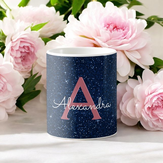 Navy Blue & Rose Gold Sparkle Glitter Monogram Coffee Mug (Creator Uploaded)
