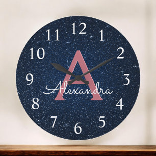 Navy Blue & Rose Gold Sparkle Glitter Monogram Large Clock