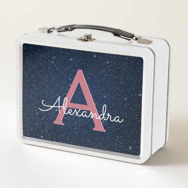 Navy Blue & Rose Gold Sparkle Glitter Monogram Metal Lunch Box (Front)