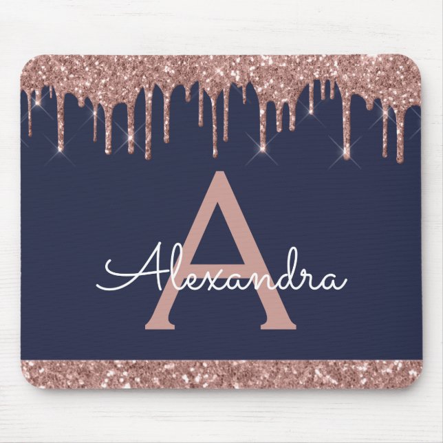 Navy Blue Rose Gold Sparkle Glitter Monogram Mouse Pad (Front)