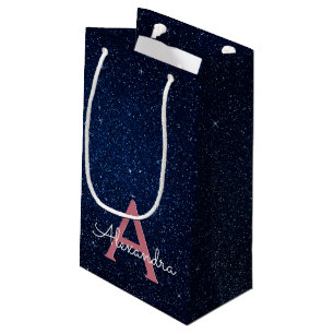 Navy Blue & Rose Gold Sparkle Glitter Monogram Small Gift Bag