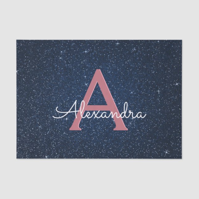 Navy Blue & Rose Gold Sparkle Glitter Monogram Tissue Paper (Front)