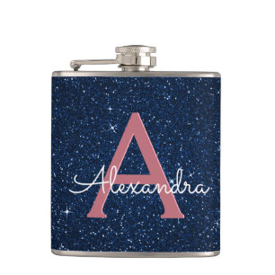 Navy Blue & Rose Gold Sparkle Monogram Initial Hip Flask