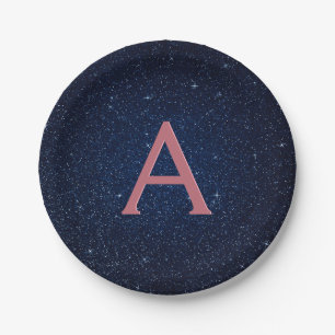 Navy Blue & Rose Gold Sparkle Monogram Initial Paper Plate