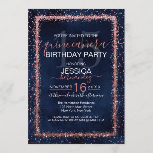 Navy Blue Rose Gold Sprinkled Confetti Quinceañera Invitation