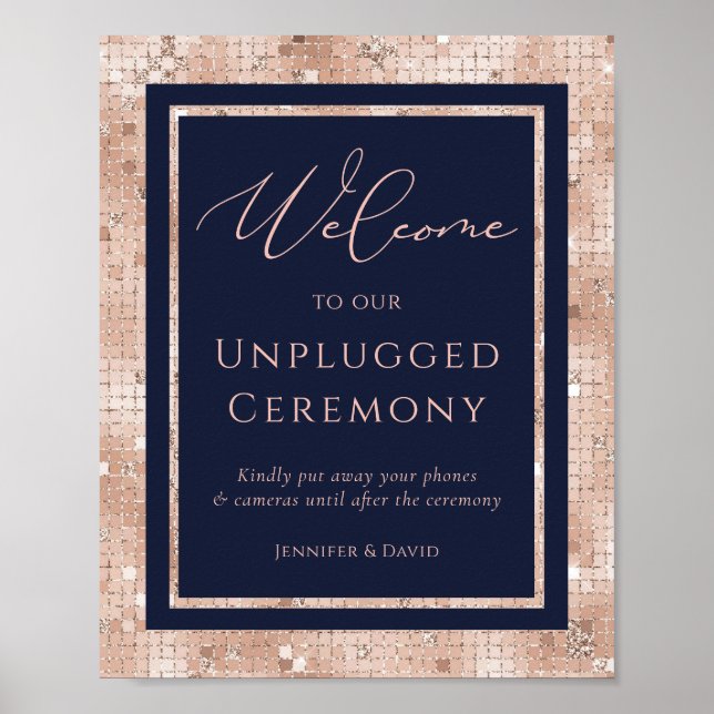 Navy Blue Rose Gold Unplugged Ceremony Sign (Front)