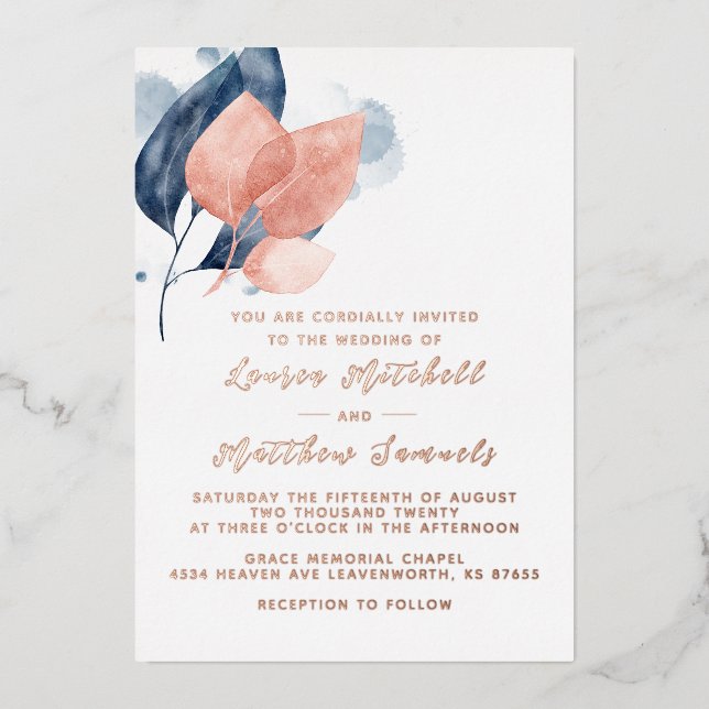 Navy Blue & Rose Gold Wedding Foil Invitation (Front)