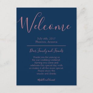 Navy Blue Rose Gold Wedding Welcome Itinerary Note Enclosure Card