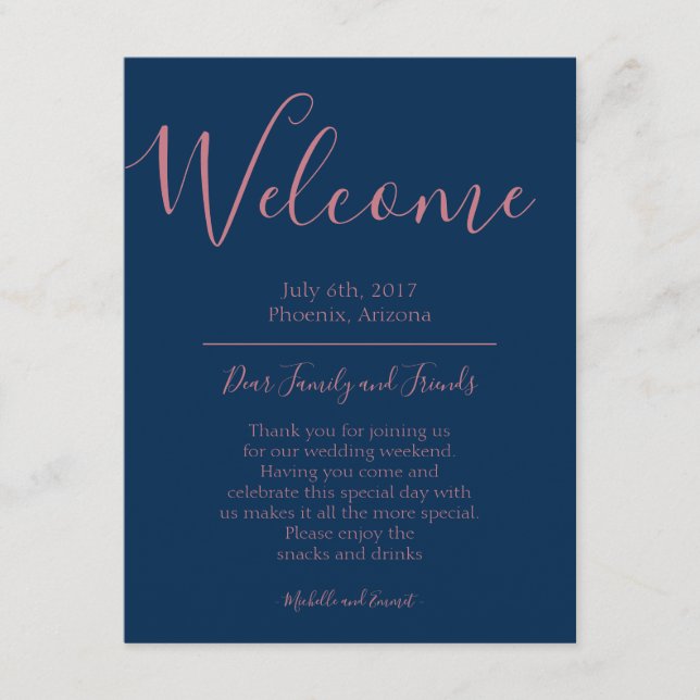 Navy Blue Rose Gold Wedding Welcome Itinerary Note Enclosure Card (Front)