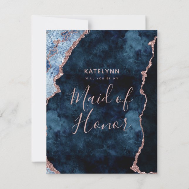 Navy Blue Rose Gold Will You Be My Maid of Honour Invitation (Front)