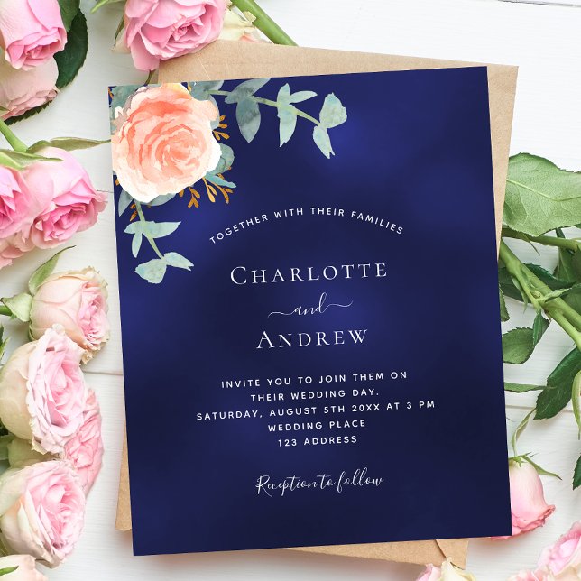 Navy blue rose greenery budget wedding invitation (Creator Uploaded)