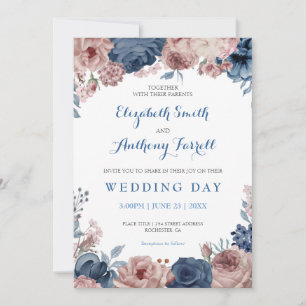 Navy Blue Rose Mauve Watercolor Floral Wedding Invitation