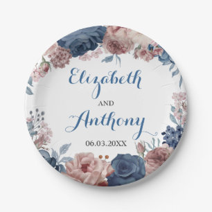 Navy Blue Rose Mauve Watercolor Floral Wedding Paper Plate