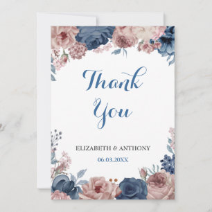 Navy Blue Rose Mauve Watercolor Floral Wedding Thank You Card