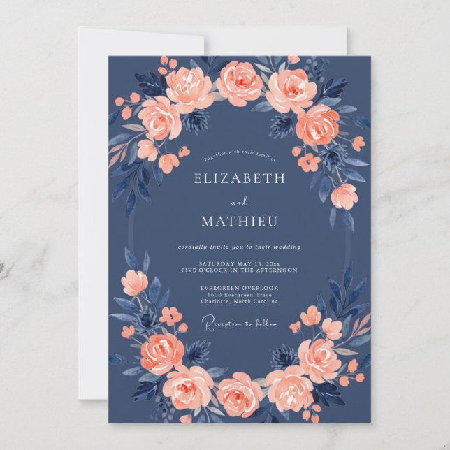 Navy Blue Rose Wedding Invitation (Front)