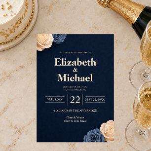 Navy Blue Rose Wedding Invitation