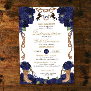 Navy Blue Rose Western Charro Quinceañera Invitation