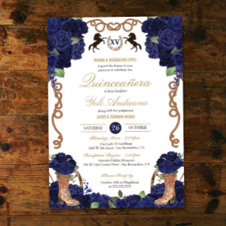 Navy Blue Rose Western Charro Quinceañera Invitation