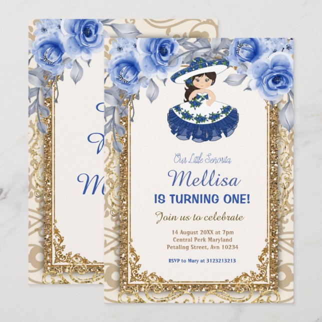 Navy Blue Roses and Gold Mexican Birthday Invitation (Front/Back)