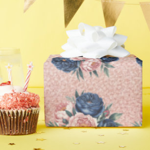 Navy Blue Roses and Rose Gold Peony Wedding  Wrapping Paper