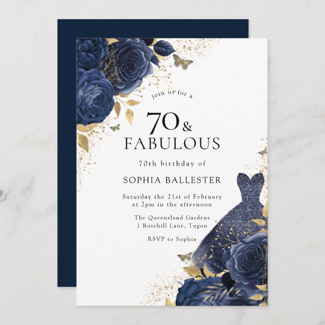 Navy Blue Roses & Dress Gold 70 & Fabulous 70th Invitation (Front/Back)